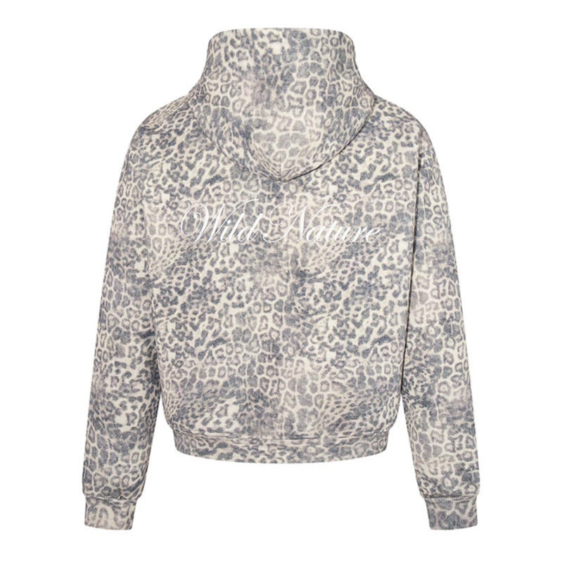 Damen Zip-Hoodie im soften Velours mit allover-Leo-Jacquard Drune