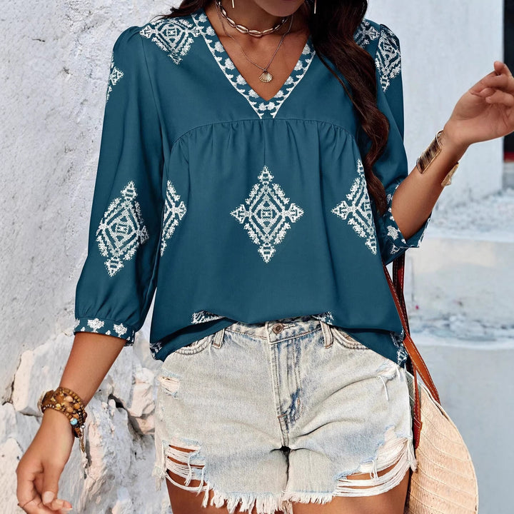 Damen Locker geschnittene Boho‑Bluse mit V‑Ausschnitt, geraffter Brustnaht und dreiviertelärmeln Drune