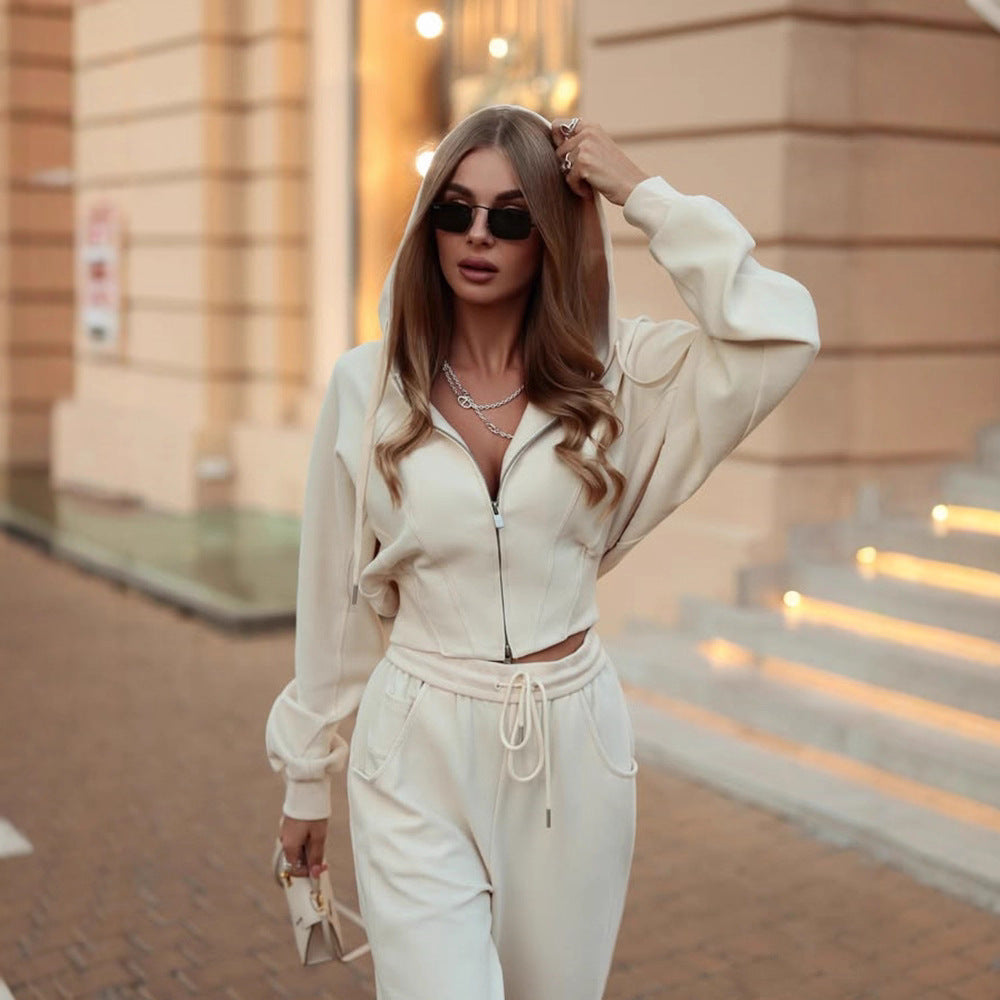 Damen tailliertes Kurzzip-Hoodie mit Statement-Ärmeln und weiter High-Waist Palazzo-Hose Drune