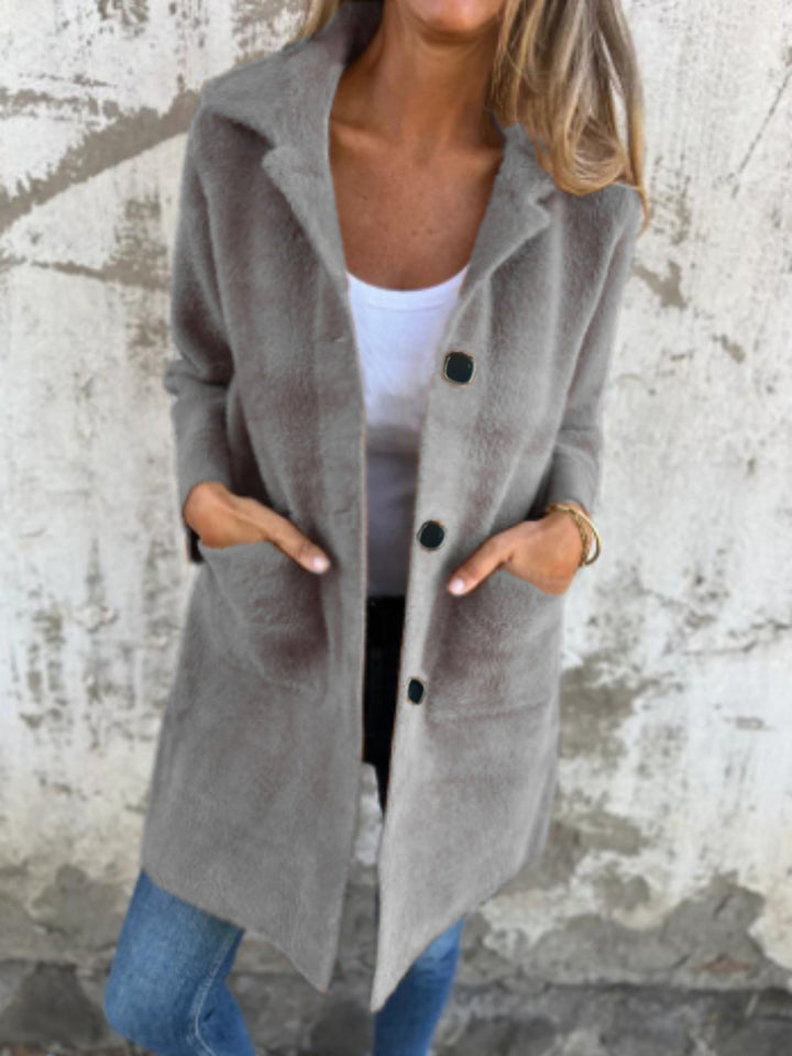 Damen Teddy-Mantel mit Oversize-Kragen, dekorativen Knöpfen und Eingrifftaschen Drune