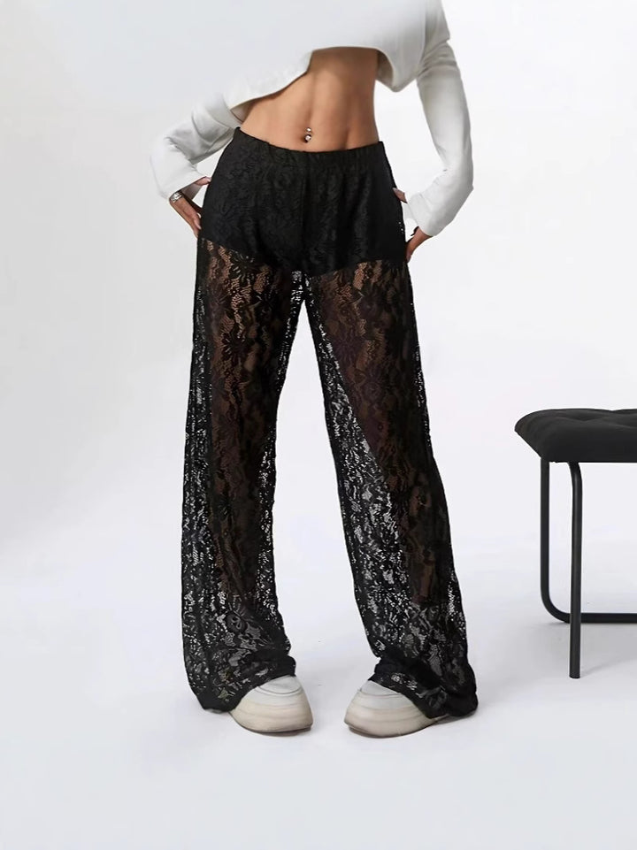 Damen elegante Spitzenhose mit weitem Schnitt und elastischem Bund Drune