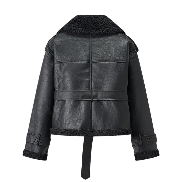 Damen modische Kunstlederjacke mit Teddyfell-Kragen und taillierbarem Gürtel Drune