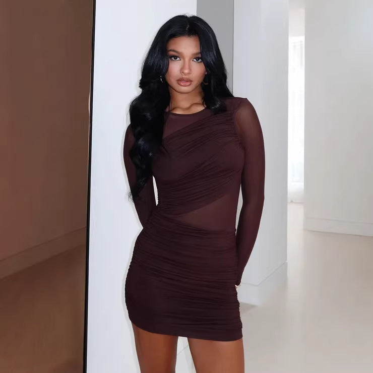 Damen Modernes Minikleid mit transparenten Ärmeln und figurformenden Rüschen Drune