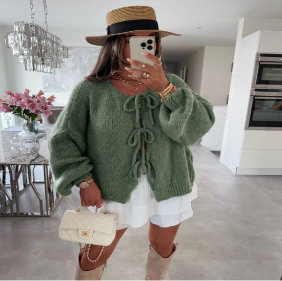 Damen Kuscheliger Strickcardigan mit dekorativen Bindebändern Drune