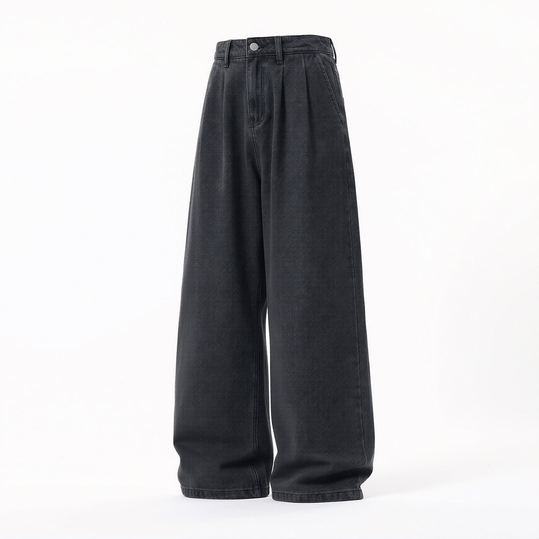 Damen Ultraweite High‑Waist Denim‑Palazzo‑Hose mit Bundfalten Drune