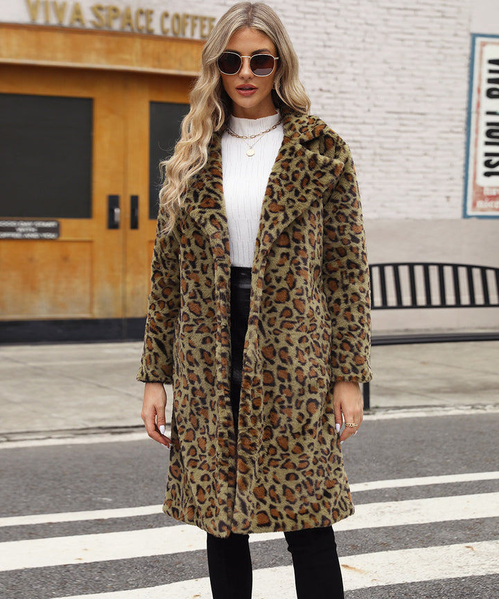 Damen Luxuriöser Kunstfellmantel mit Leopard-Design Drune