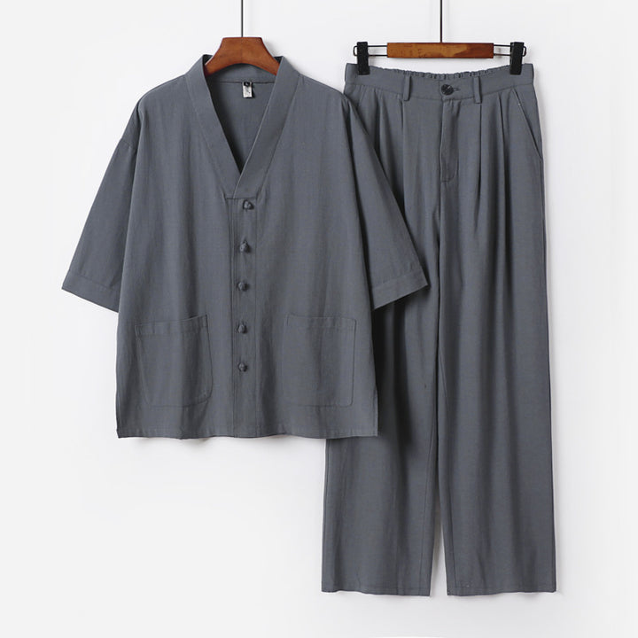 Unisex Zen-inspiriertes Relax-Set mit Kurzarm-Kimono-Oberteil, verdeckter Knopfleiste und elastischer Bundhose Drune
