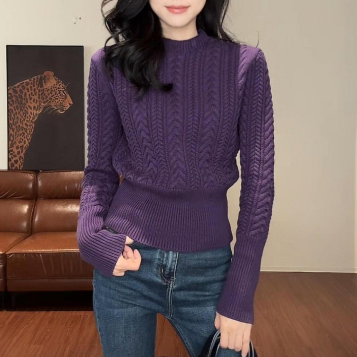 Damen Eleganter Grobstrickpullover mit hohem Bund und Rundhalsausschnitt Drune