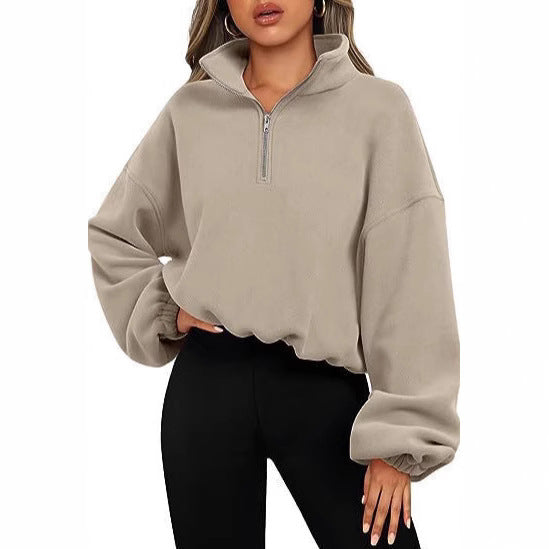 Damen nan kurz geschnittenes Halbzip-Sweatshirt mit hohem Stehkragen, Ballonärmeln und elastischem Saum Drune