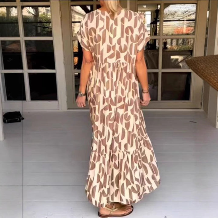 Damen nan voluminöses Maxikleid mit Unterbrustnaht, V-Ausschnitt, kurzen Kimonoärmeln und Stufenvolant Drune