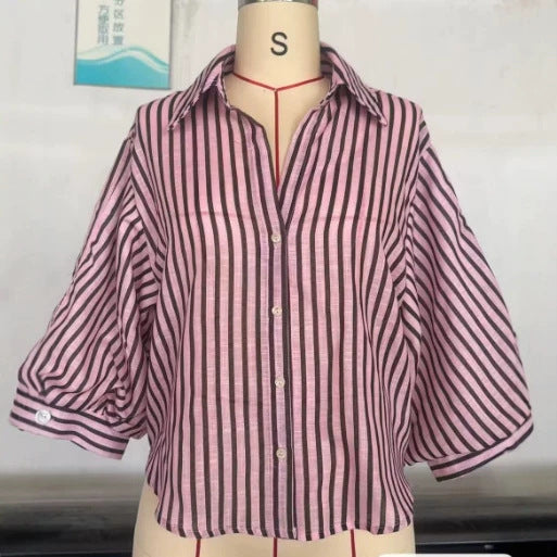 Damen Gestreifte Hemdbluse mit Stehkragen und Tunnelzug Drune