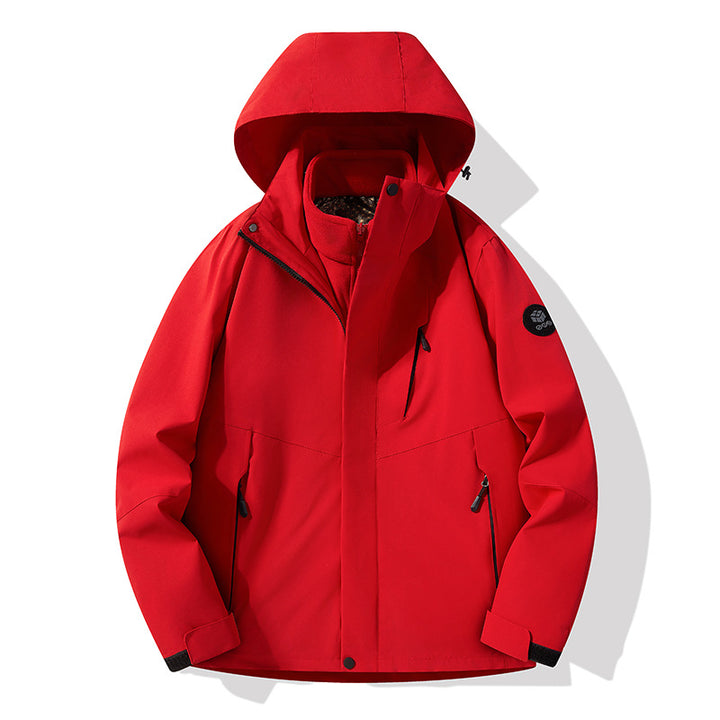 Herren dreilagige atmungsaktive Softshell-Trekkingjacke mit integriertem Fleecekragen und verstellbarer Kapuze Drune
