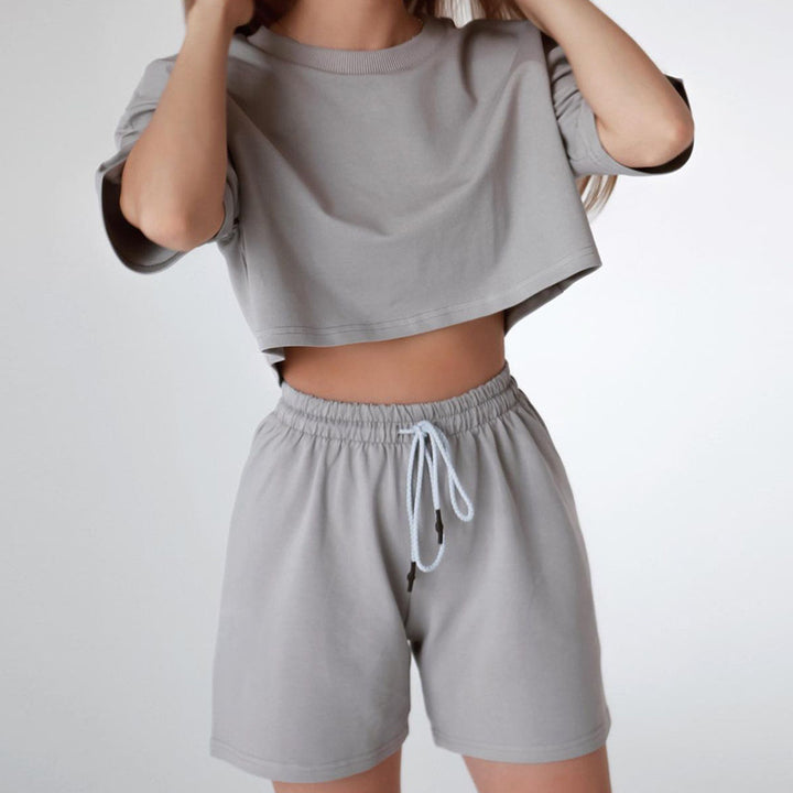 Damen Zweiteiliges Cropped-Lounge-Set aus Baumwolljersey mit elastischer Kordelzug-Shorts Drune