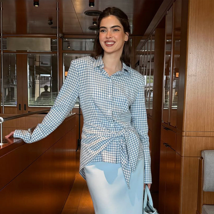 Damen Gingham-Wickelbluse mit seitlicher Taillenbinde und Hemdkragen Drune