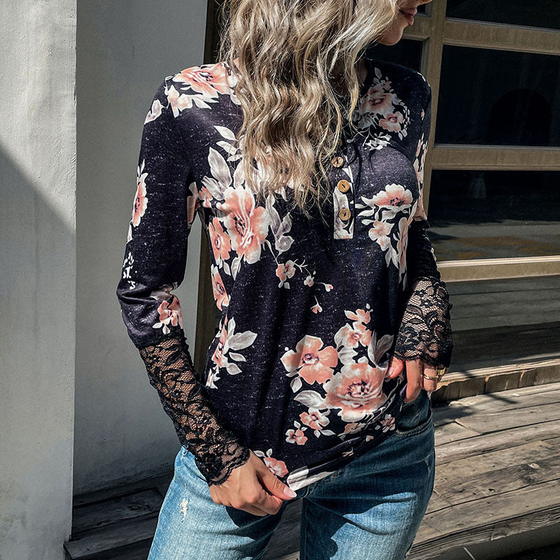 Damen Henley-Top mit Rosenprint, Spitzenmanschetten und Zierknopfleiste Drune