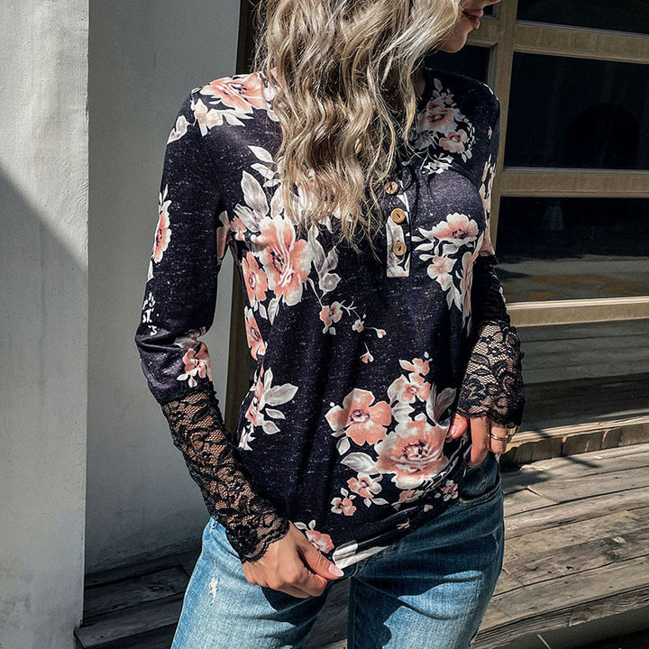 Damen Henley-Top mit Rosenprint, Spitzenmanschetten und Zierknopfleiste Drune