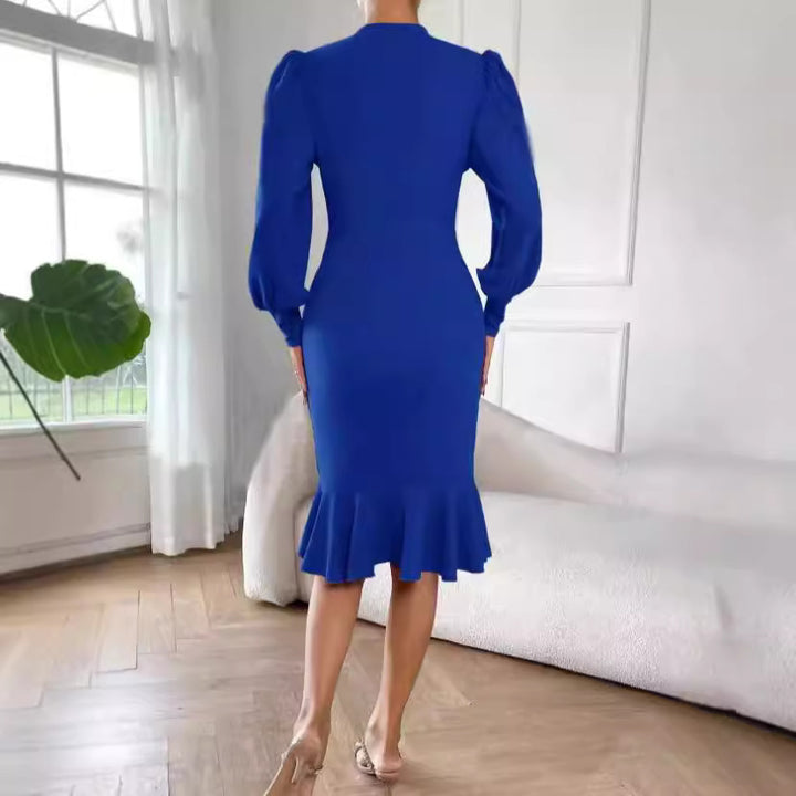 Damen nan tailliertes Pencil-Midikleid mit Stehkragen, ballonärmeln und Glockenvolant Drune