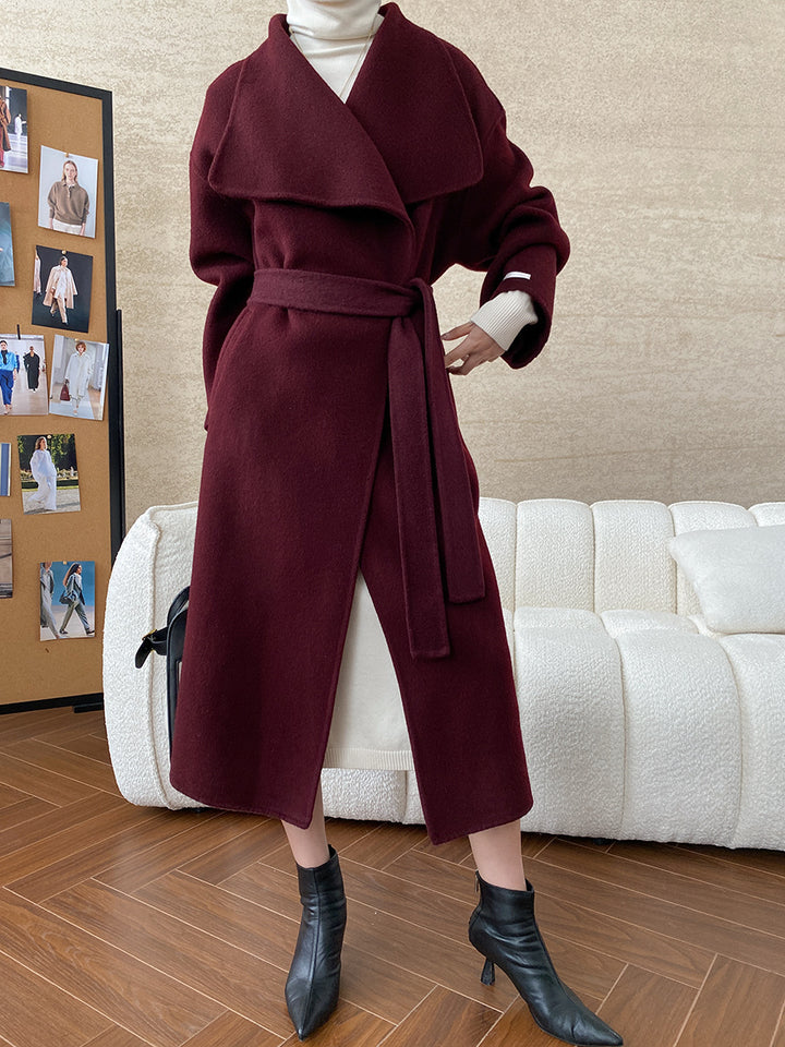 Damen eleganter Wickelmantel aus weichem Wollmix mit Gürtel Drune