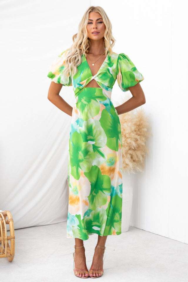 Damen Maxikleid mit floralen Akzenten und effektvollem Cut-Out Drune