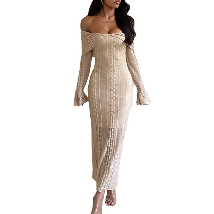 Damen Elegantes langärmliges Abendkleid mit off-shoulder Design und fließendem Stoff Drune