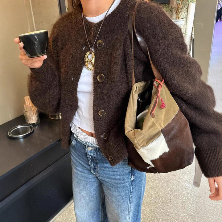 Damen kuschelige Strickjacke mit Oversize-Schnitt und Hornoptik-Knöpfen Drune
