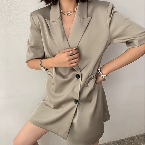 Damen Eleganter Satin-Blazer mit doppelter Knopfleiste Drune