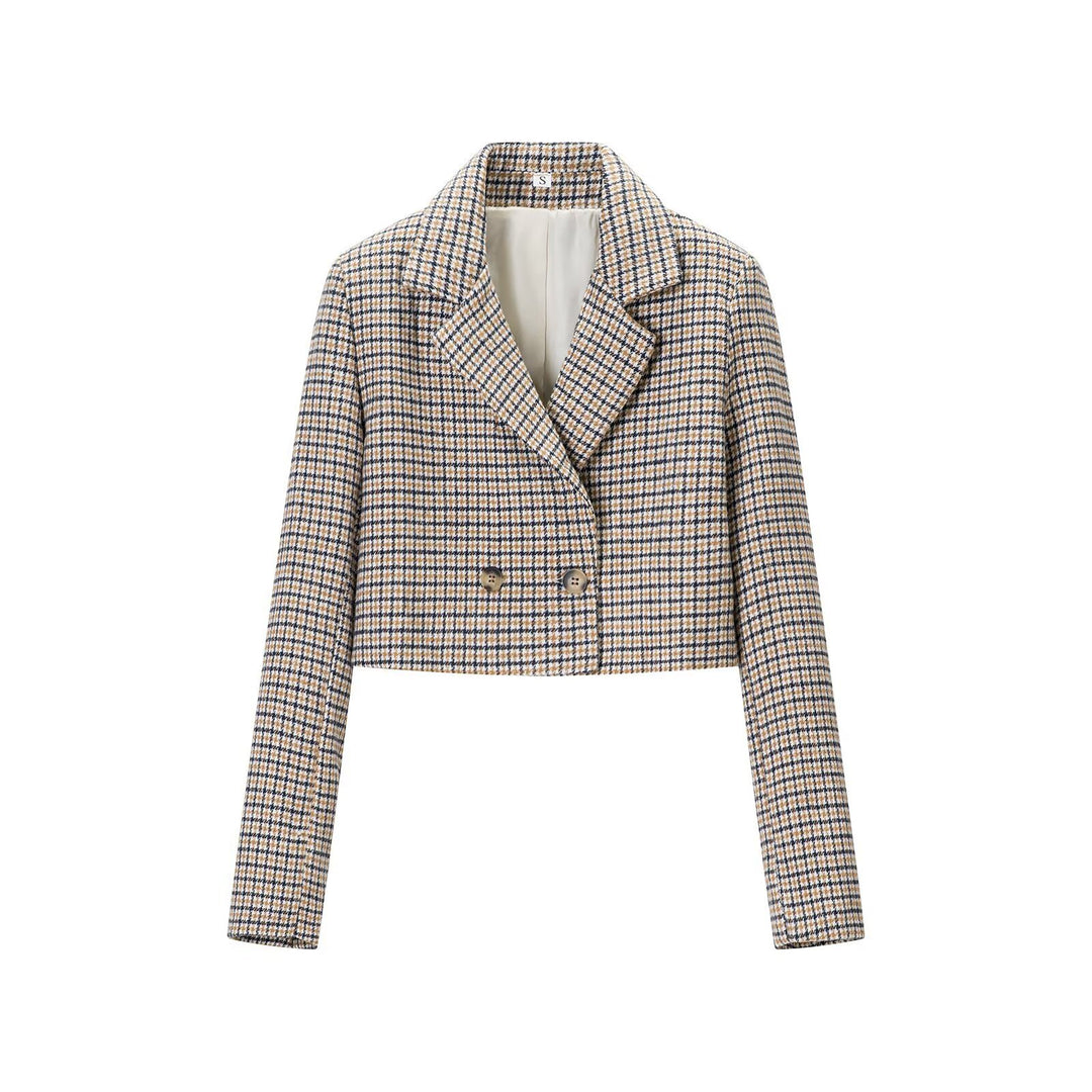 Damen Cropped Wollmischblazer mit Hahnentritt‑Muster und doppelreihiger Knopfleiste Drune