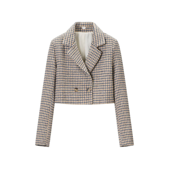 Damen Cropped Wollmischblazer mit Hahnentritt‑Muster und doppelreihiger Knopfleiste Drune