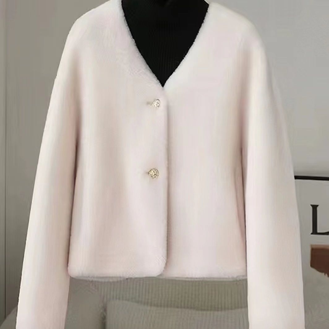 Damen Flauschige Kurzjacke mit edlen Knöpfen Drune
