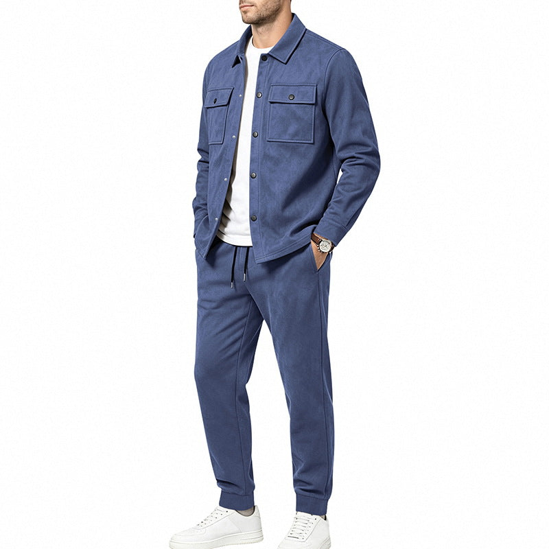 Herren nan Velours-Lounge-Set mit Overshirt, aufgesetzten Brusttaschen und tapered Jogginghose Drune