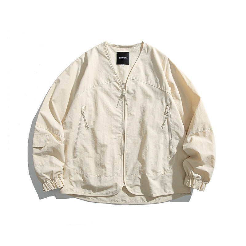 Unisex Leichte Oversize‑Überhemdjacke aus technischem Nylonmix mit V‑Ausschnitt und Reißverschlusstaschen Drune
