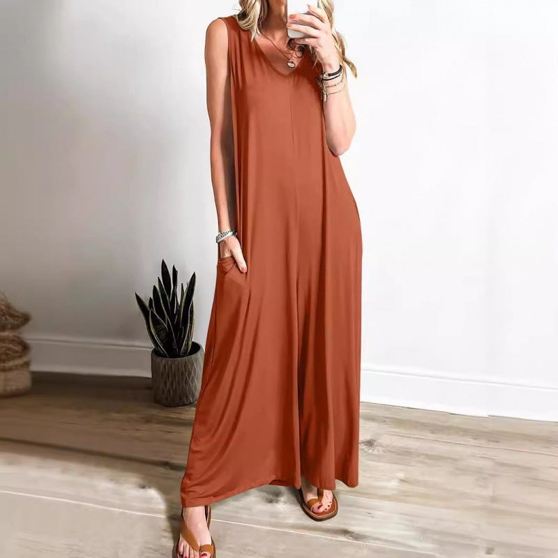 Damen Eleganter, weiter Jumpsuit mit tiefem V-Ausschnitt und praktischen Taschen Drune
