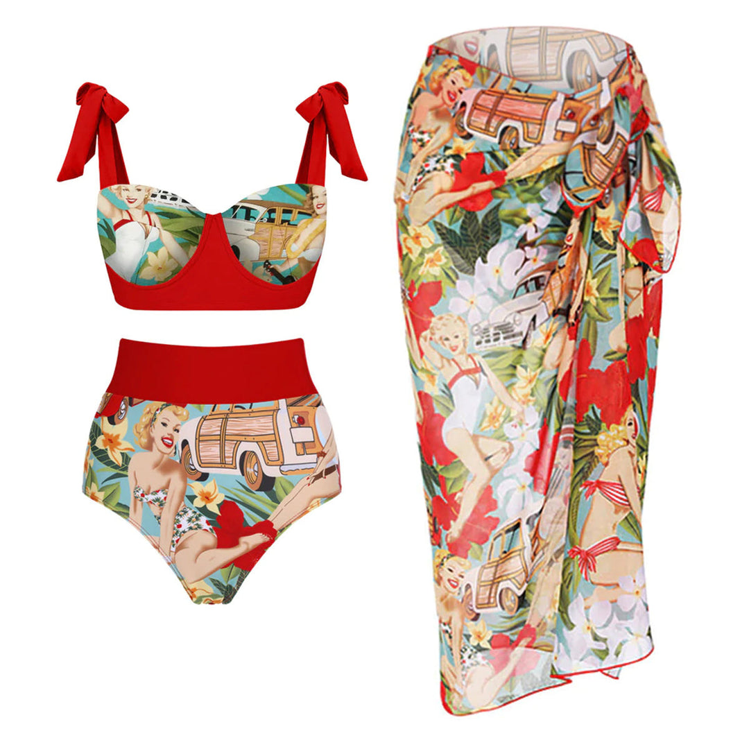 Damen Bikiniset mit hochtaillierten Shorts und verspieltem Wickelrock Drune