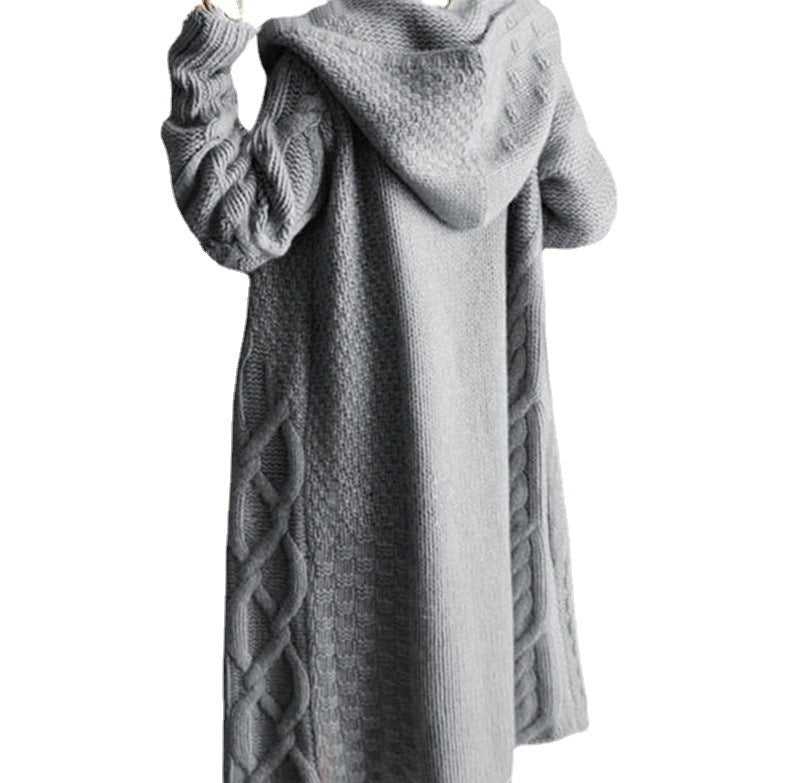 Damen Strickmantel mit Kapuze und Zopfmuster Drune