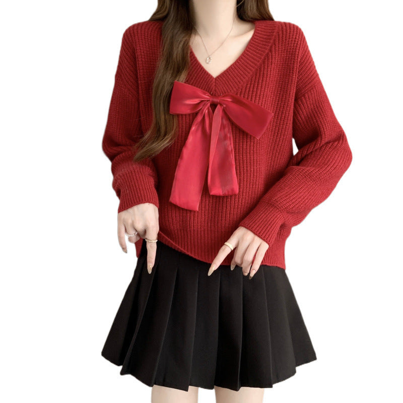Damen Strickpullover mit V-Ausschnitt und dekorativem Schleifenakzent Drune