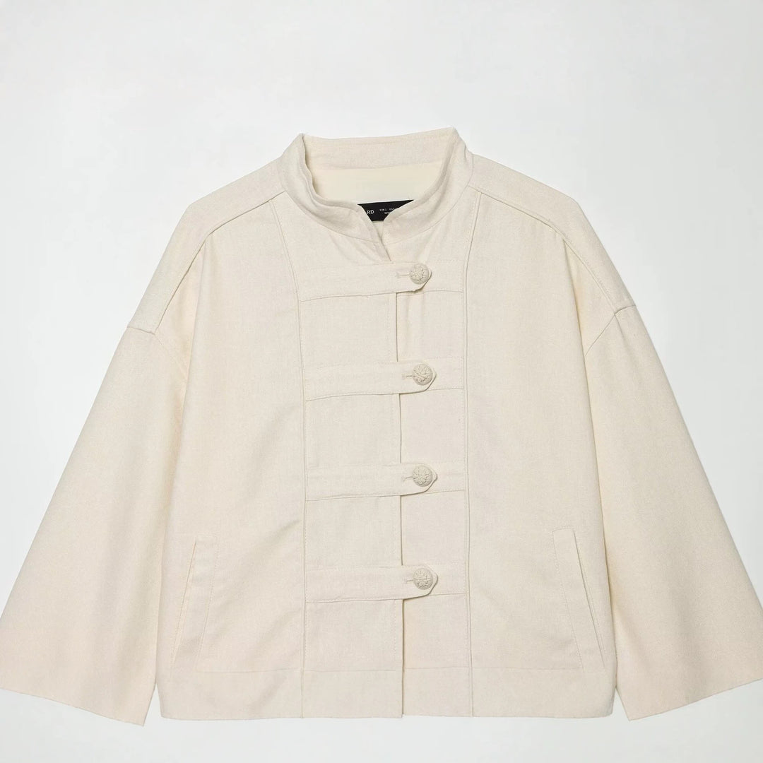 Damen Boxy-Jacke im Mandarin-Stil mit dekorativen Knotenknöpfen Drune