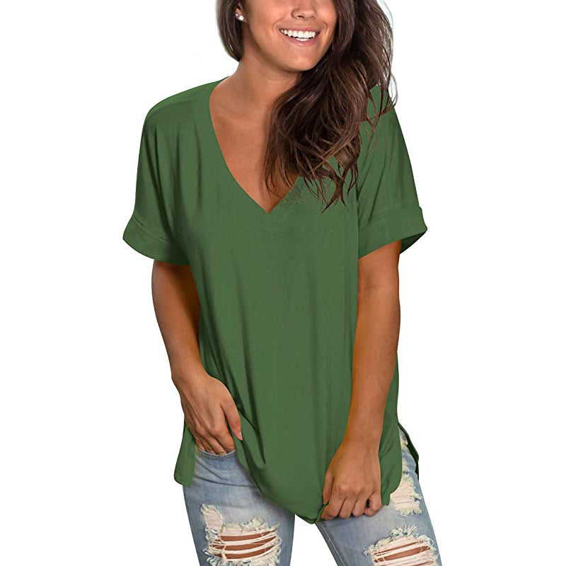 Damen V-Ausschnitt T-Shirt mit lässigem Schnitt und umgeschlagenen Ärmeln Drune