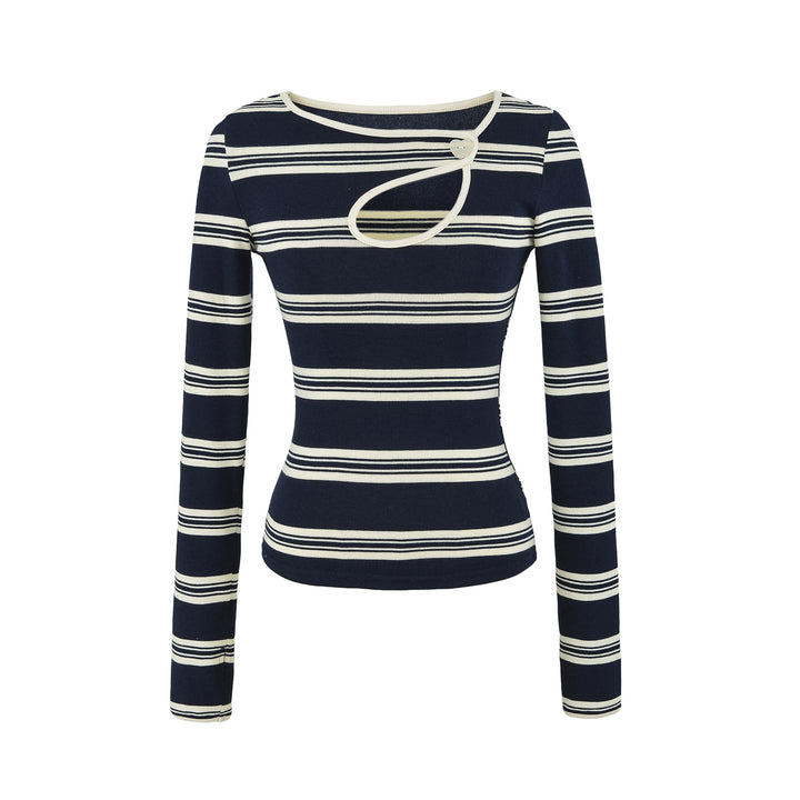 Damen Gestreiftes Feinstrick-Top mit asymmetrischem Herzknopf Drune