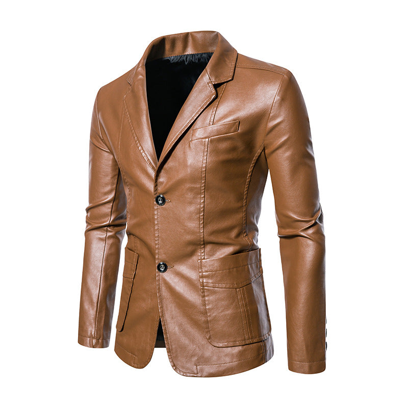 Herren Moderner taillierter Lederoptik-Blazer mit soften Nähten, Reverskragen & aufgesetzten Fronttaschen Drune