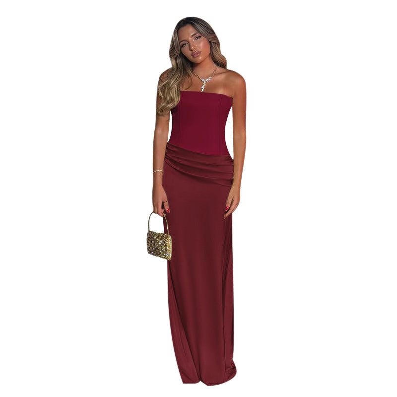 Damen Elegantes Cocktail-Maxi-Kleid mit schulterfreiem Design und sanfter Raffung Drune