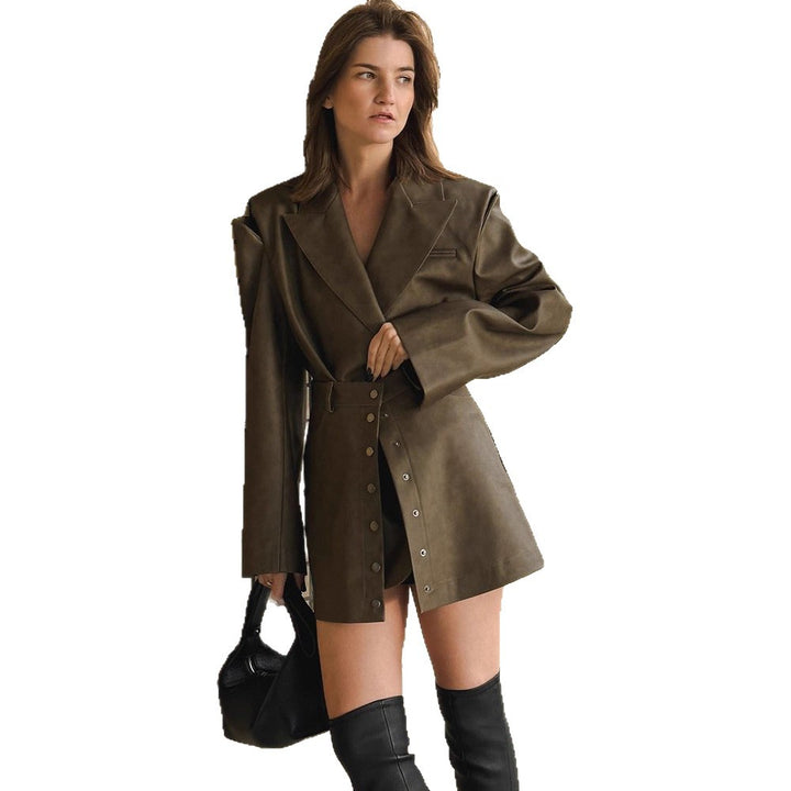 Damen lässige Kunstlederjacke mit hohem Kragen und praktischen Druckknöpfen Drune