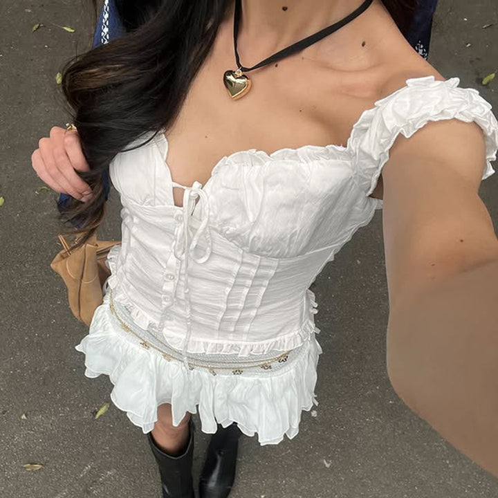 Damen Rüschenbluse mit zarten Schleifendetails und kurzärmeligen Puffärmel Drune