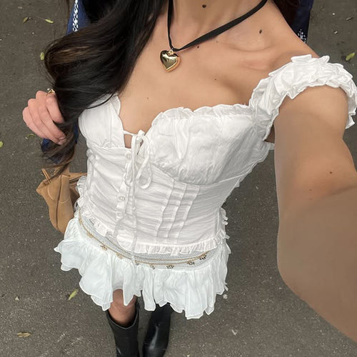 Damen Rüschenbluse mit zarten Schleifendetails und kurzärmeligen Puffärmel Drune