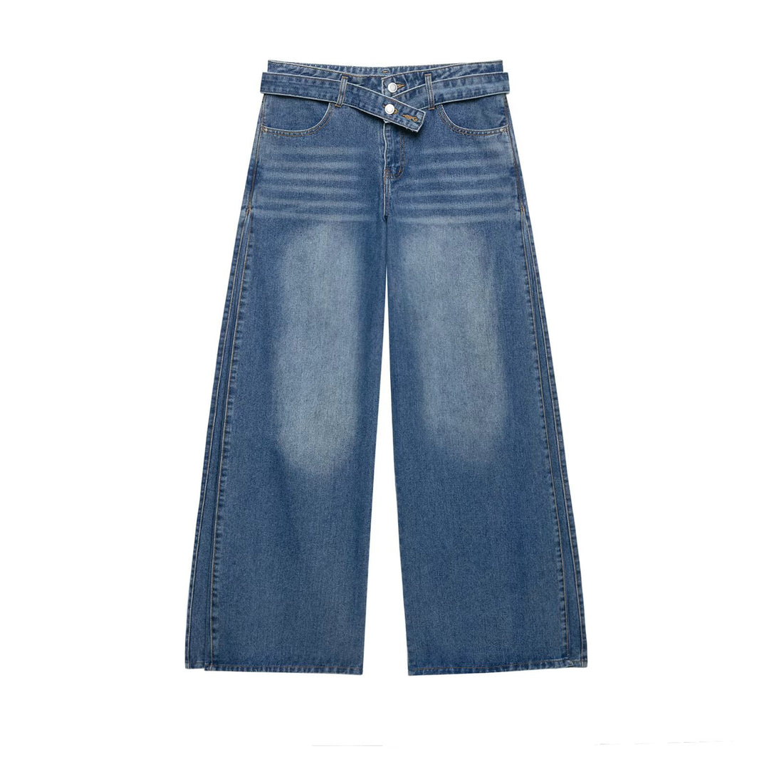 Damen Hochtaillierte weitgeschnittene Jeans mit integriertem Gürtel und seitlichen Steppnähten Drune