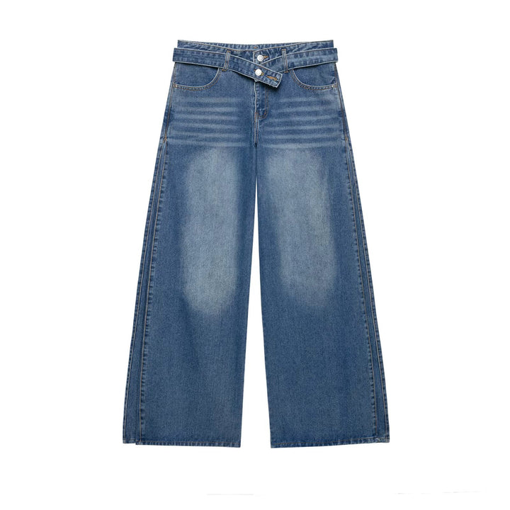Damen Hochtaillierte weitgeschnittene Jeans mit integriertem Gürtel und seitlichen Steppnähten Drune