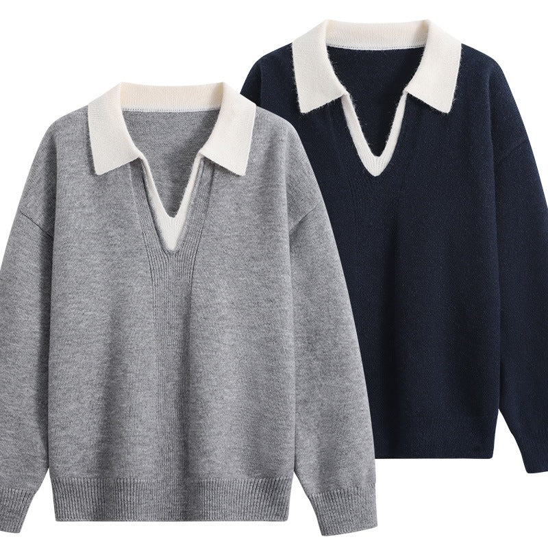 Damen Oversize-Polo-Strickpullover aus weichem Wollmix mit kontrastkragen und tiefem V-Ausschnitt Drune