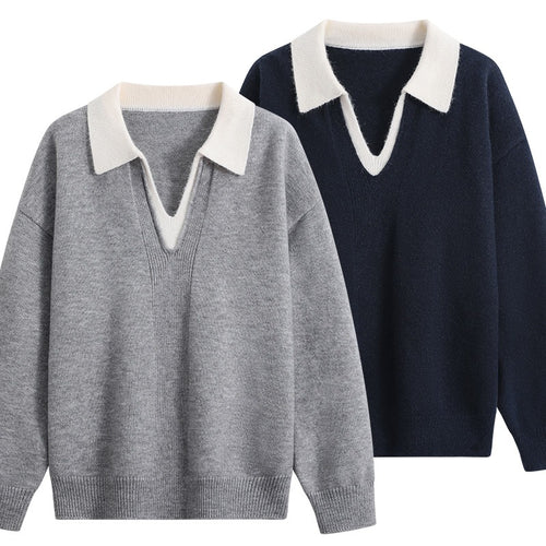 Damen Oversize-Polo-Strickpullover aus weichem Wollmix mit kontrastkragen und tiefem V-Ausschnitt Drune