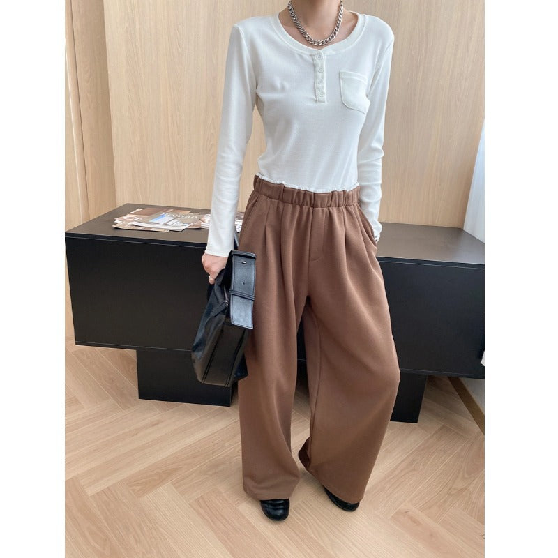 Damen lässige Hochbund Hose mit breitem Schnitt und elastischem Bund Drune