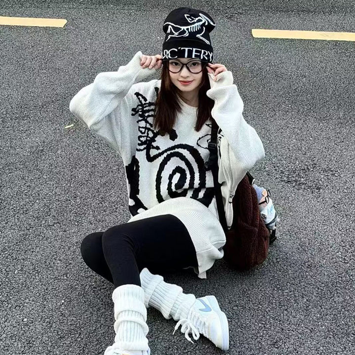 Damen Lässiger Grobstrickpullover mit einzigartigem Kunstmotiv Drune