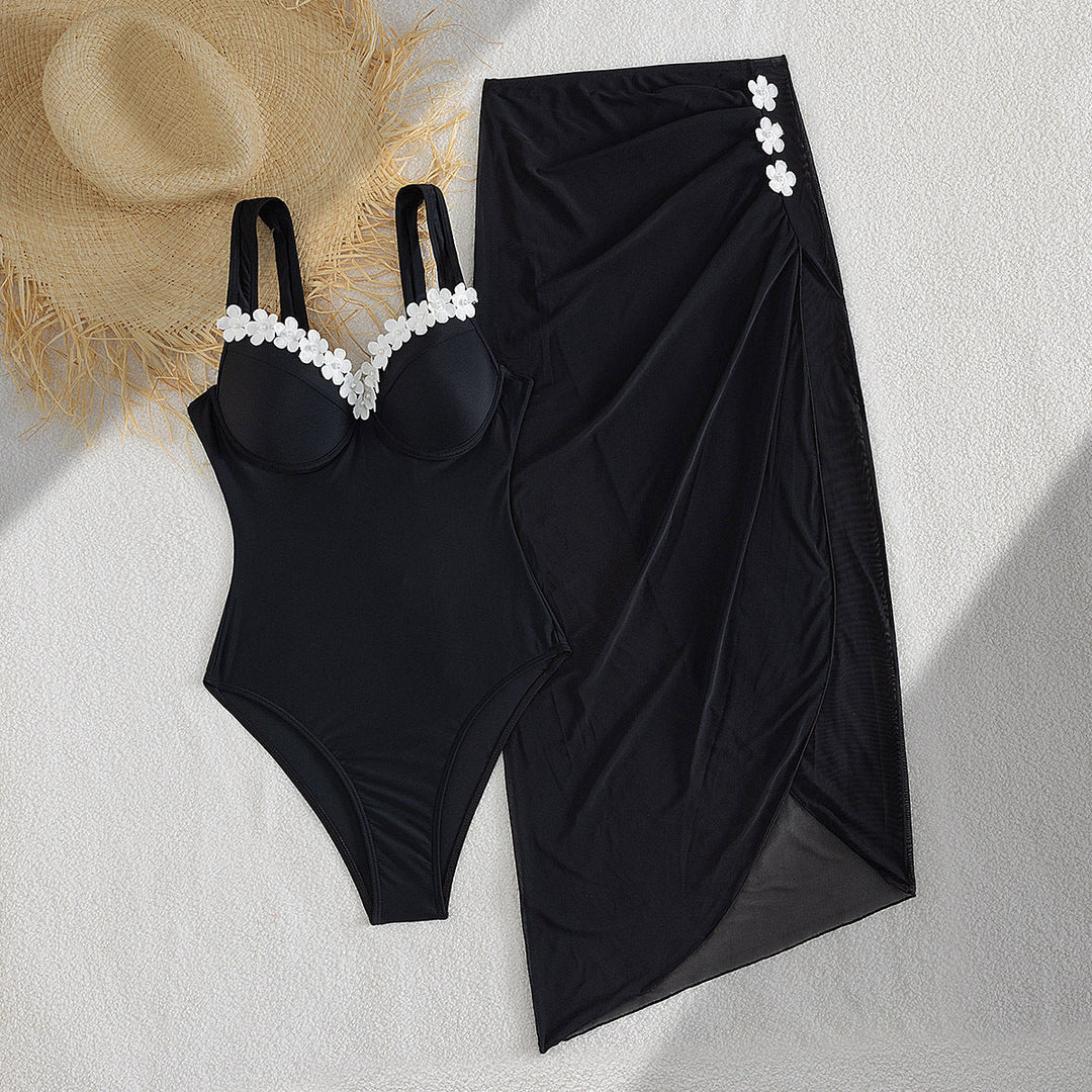 Damen Eleganter Einteiler Badeanzug mit transparentem Rock Drune